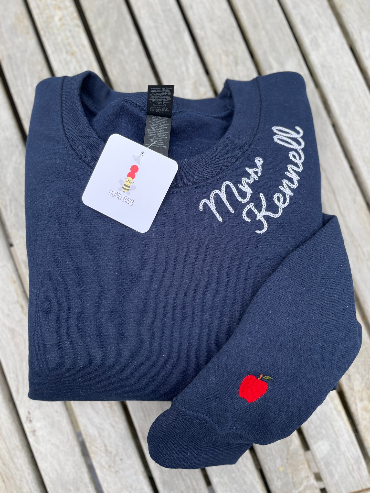 Custom Teacher Name Crewneck – Embroidered Collar + Apple Sleeve | Unisex Fit