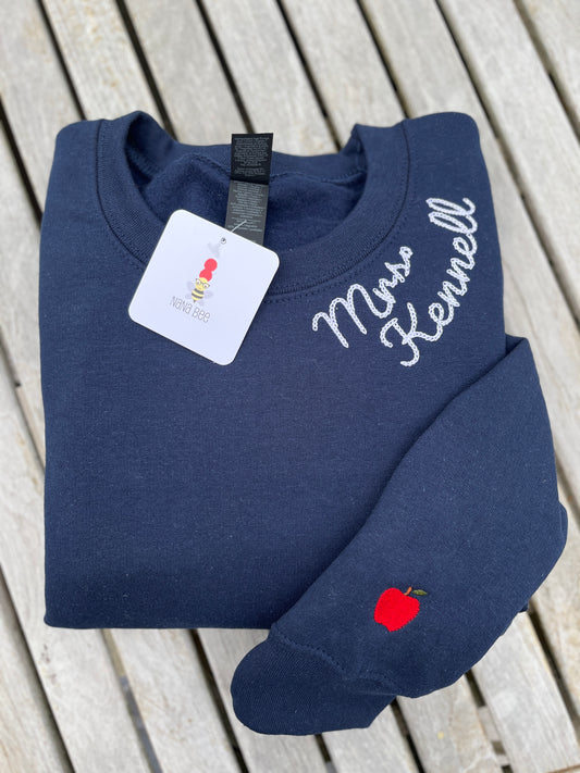 Custom Teacher Name Crewneck – Embroidered Collar + Apple Sleeve | Unisex Fit