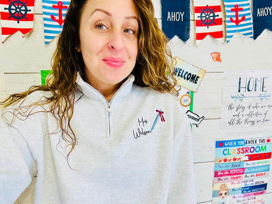 Custom Teacher Quarter Zip Sweatshirt – Embroidered with Name & Pen Design