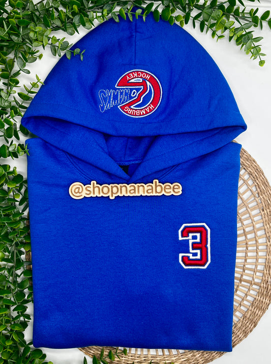 Custom Hamburg Hawks Hoodie – Puff Jersey Number (Youth sizes) | Logo on Hood