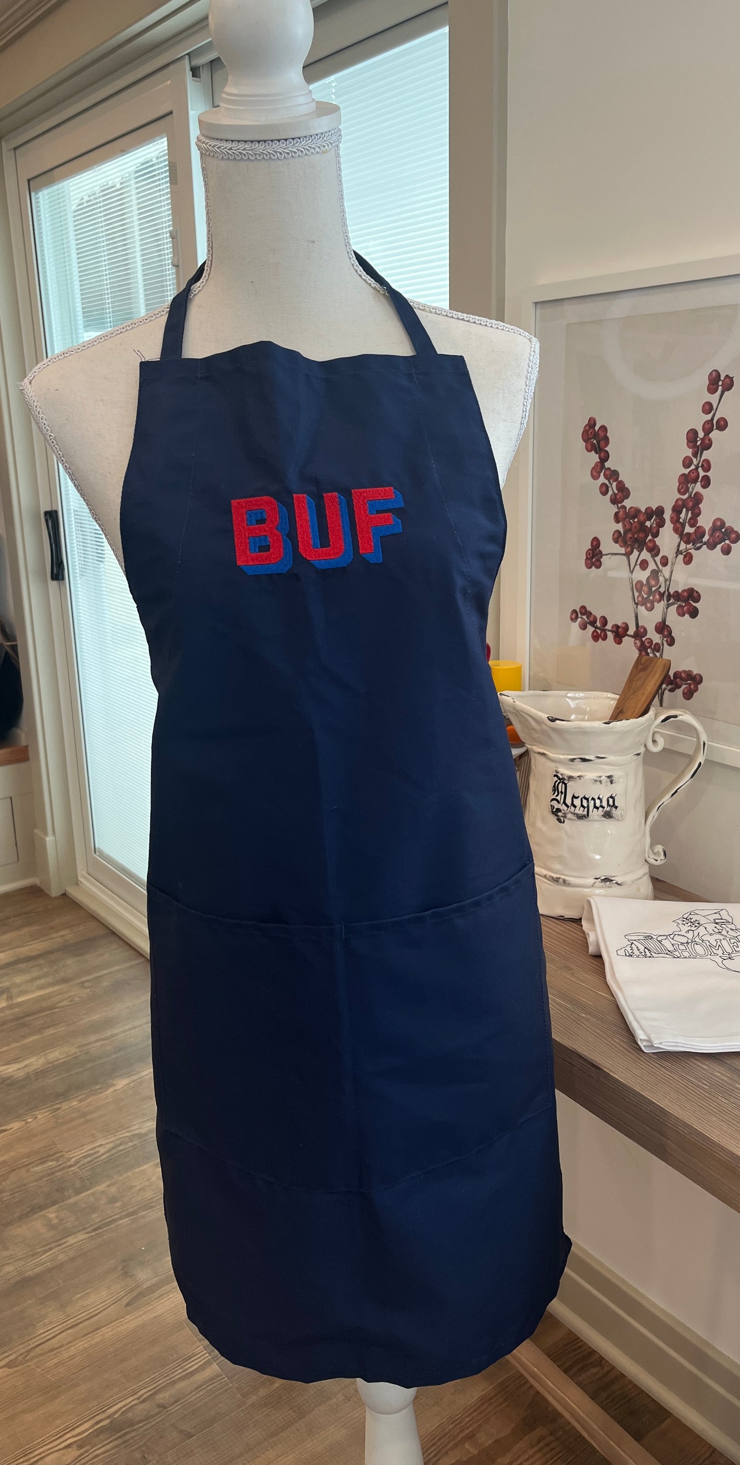 Navy Blue Embroidered Apron – BUF Block Letters in Red and Blue