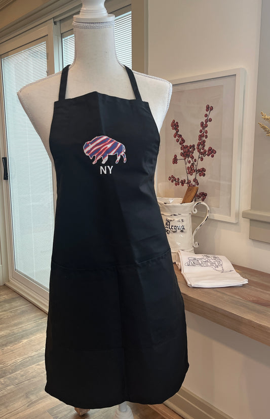 Black Apron with Buffalo Appliqué – Red, White, and Blue Stripes