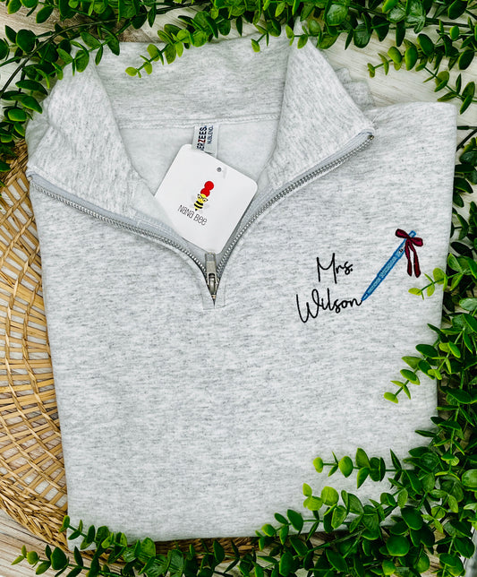 Custom Teacher Quarter Zip Sweatshirt – Embroidered with Name & Pen Design