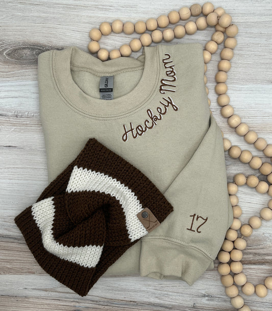 Custom Hockey Mom Crewneck – Two-Toned Embroidery & Matching Headband Option!