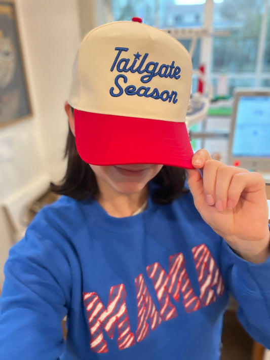 Tailgate Season Hat – Puff Embroidered 5-Panel Hat | Natural and Red | Game Day Hat