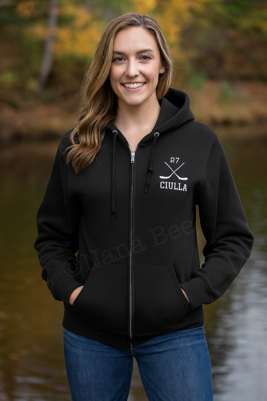Custom Hockey Zip-Up Hoodie – Embroidered Name & Jersey Number | Unisex Fit