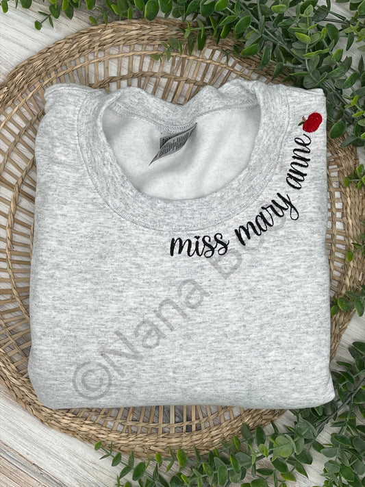 Embroidered Teacher's Name with Apple Crewneck/Sweatshirt