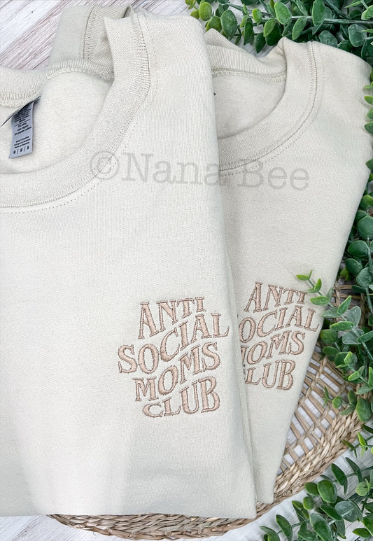 Anti-Social Moms Club Embroidered Sweatshirt – Sand Color | Minimalist Mom Crewneck